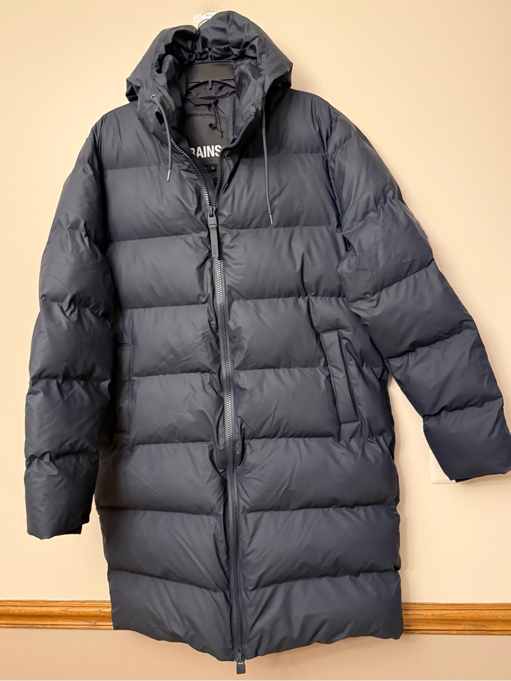 Rains Alta Longer Puffer Jacket in dark navy Blue